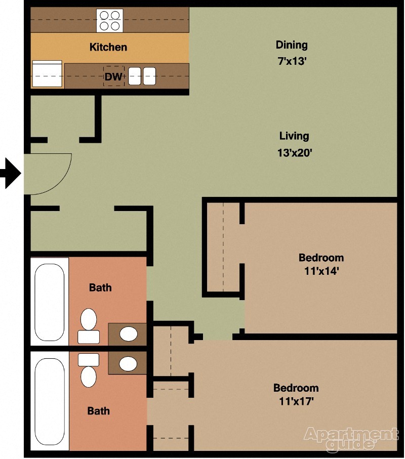 Floor plan for 2 beds, 2 baths, 1165 sqft